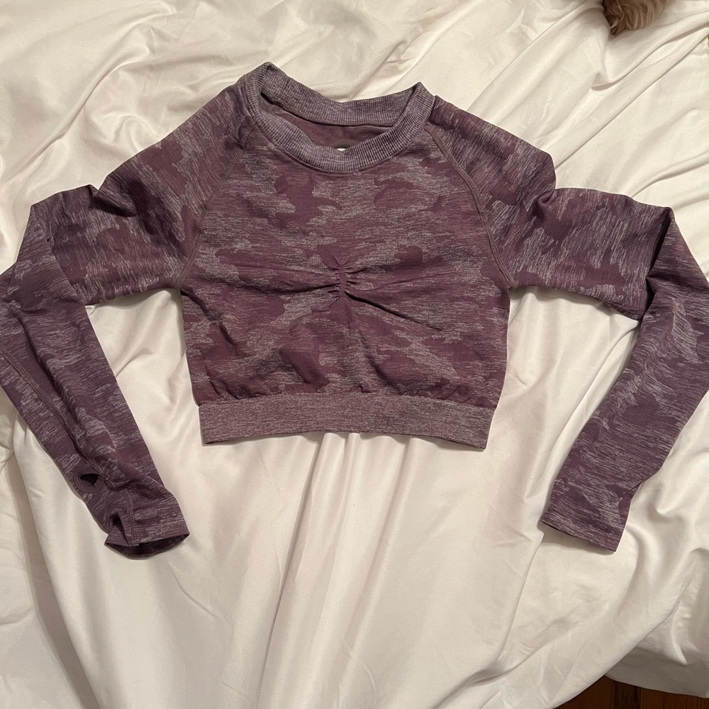Purple camo long sleeve Workout Top with thumb holes